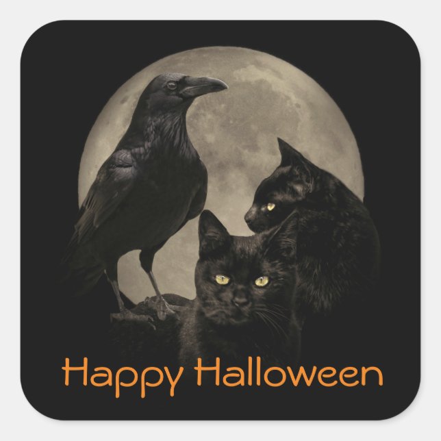 Super Cool Gothic Raven and Cats Halloween Square Sticker (Front)