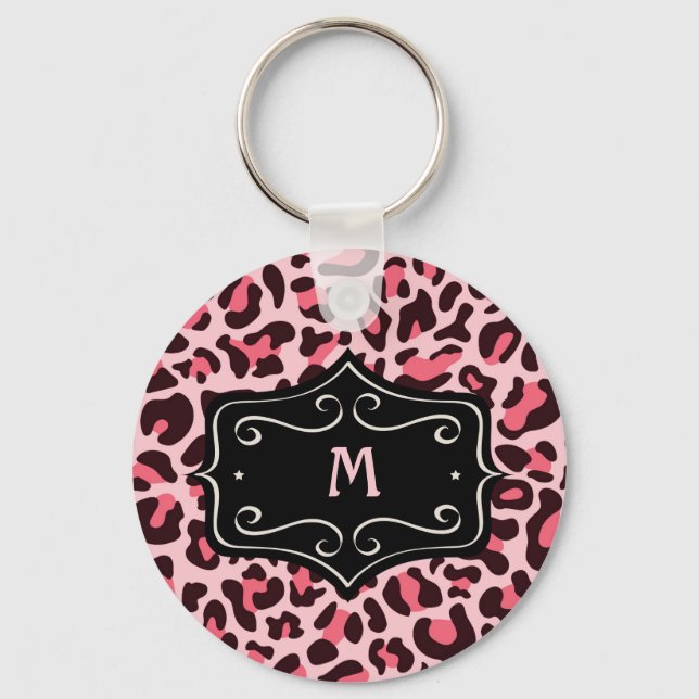 Super Cool Hot Pink Black Leopard Print Monogram K Key Ring (Front)