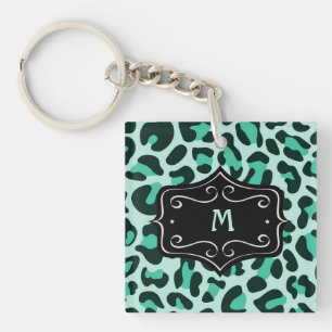 Super Cool Teal Aqua Blue Leopard Print Monogram Key Ring