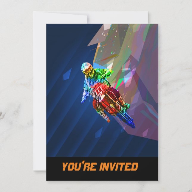 Super Crayon Coloured Dirt Bike Leaning Into Curve Invitation (Front)