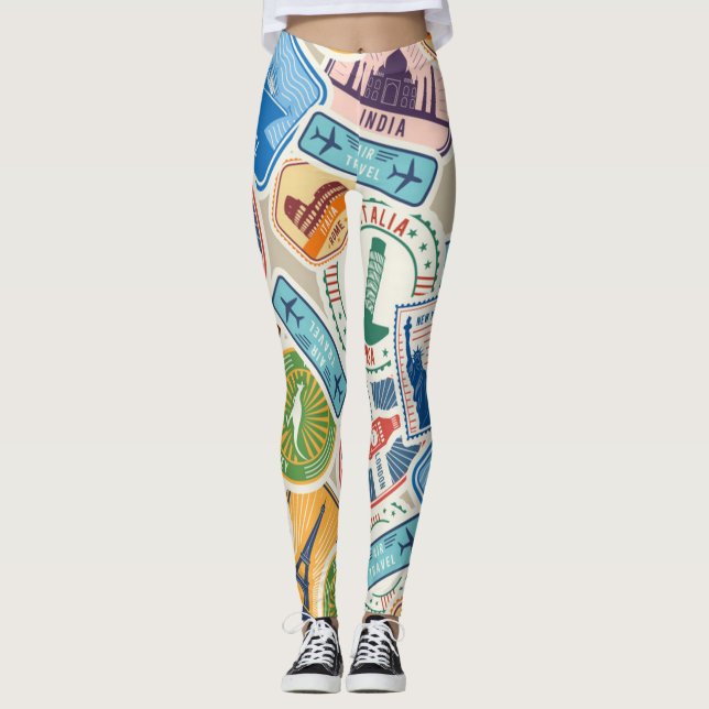 Super Cute and Colourful Passport Stamps Leggings (Front)