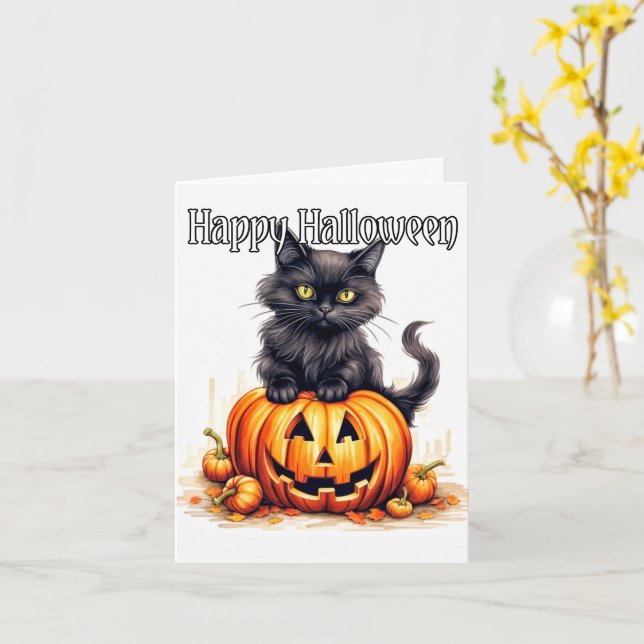 Super Cute Black Kitty Cat | Happy Halloween Card (Yellow Flower)
