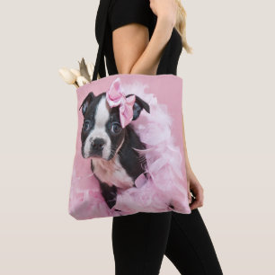 Super Cute Boston Terrier Puppy Wearing A Boa Tote Bag