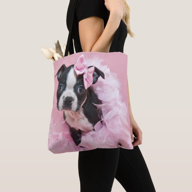 Super Cute Boston Terrier Puppy Wearing A Boa Tote Bag (Close Up)