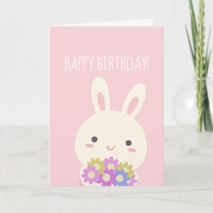 Super Cute Bunny and Flowers Pink Happy Birthday Card