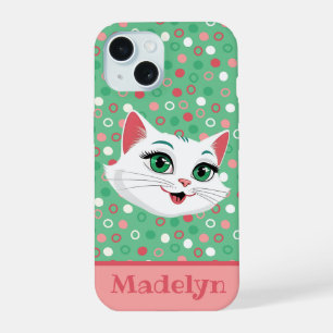 Super Cute Cartoon Cat Pink & Mint Green iPhone 15 Case