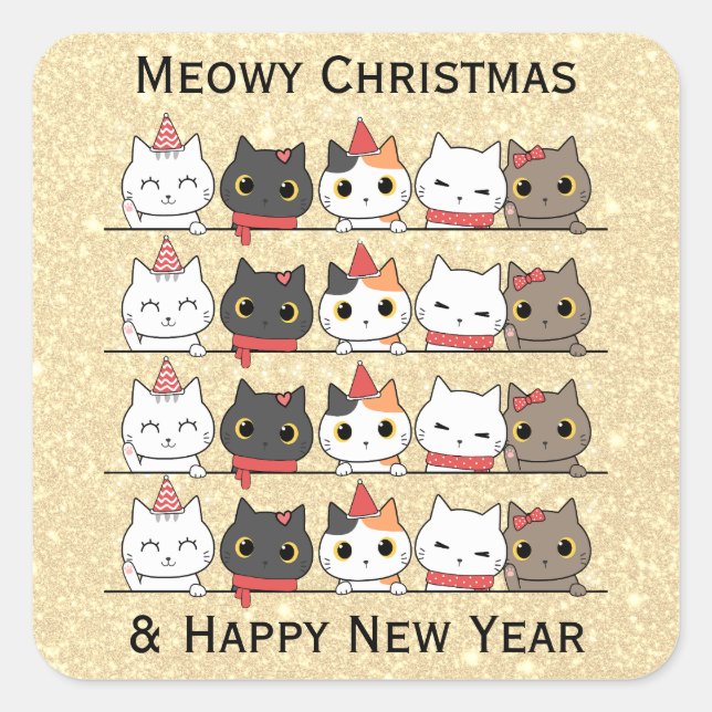 Super Cute Cat Faces Seamless Pattern Christmas Square Sticker (Front)
