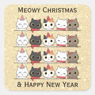 Super Cute Cat Faces Seamless Pattern Christmas Square Sticker