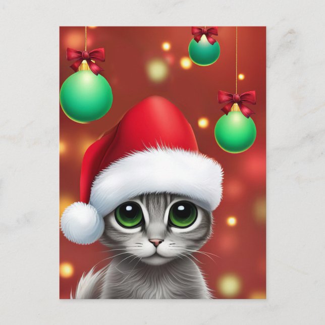 Super Cute Christmas Grey Kitty Holiday Postcard (Front)