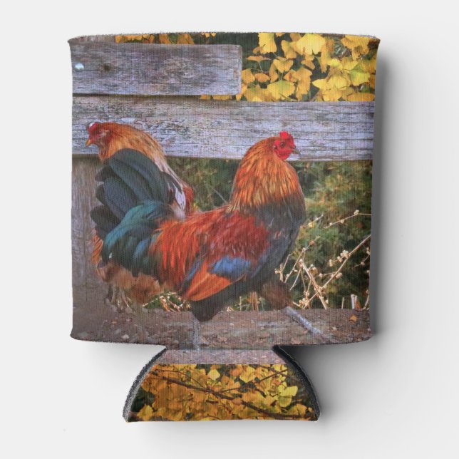 Super Cute Country Farm Rooster and Fence Can Cooler (Front)