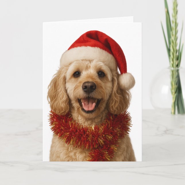 Super cute cream Cockerpoo Christmas card (Front)