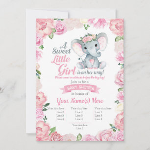 Super Cute Elephant Girl Invitation, Floral Card