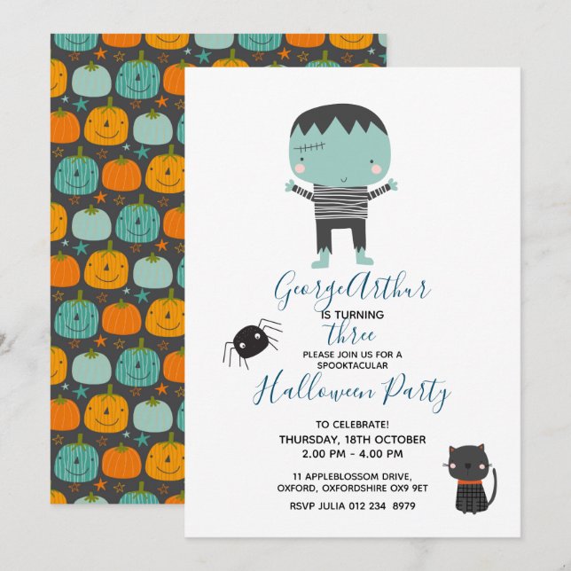 Super Cute Frankenstein boy Halloween Birthday Invitation (Front/Back)