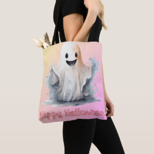 Super Cute Ghost Pink Yellow Ombre Happy Halloween Tote Bag