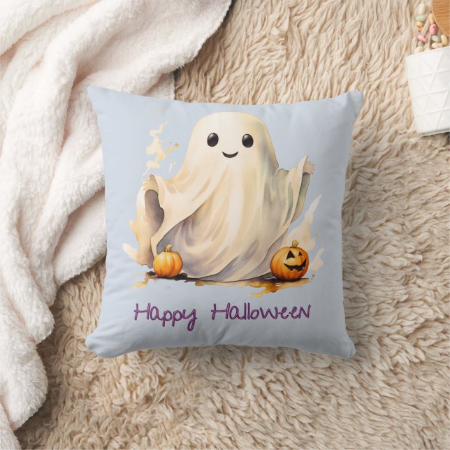 Super Cute Ghost Pumpkins Blue Happy Halloween Cushion (Blanket)
