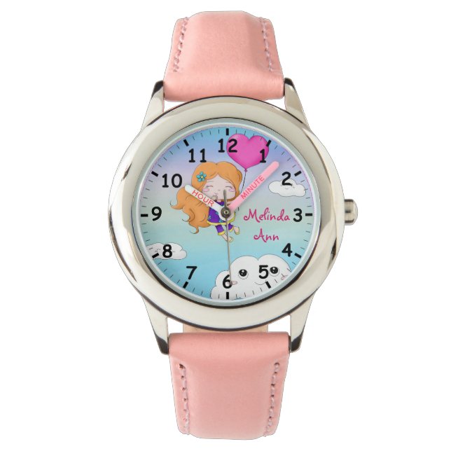 Super Cute Girl Pink Balloon and Smiling Clouds Watch (Front)