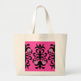 Super cute gothic skull damask large tote bag
