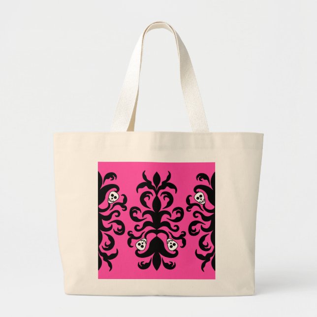 Super cute gothic skull damask large tote bag (Front)