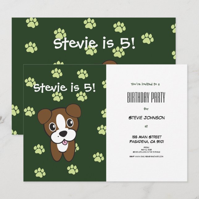 Super Cute Green Boxer Puppy Birthday Invitation (Front/Back)