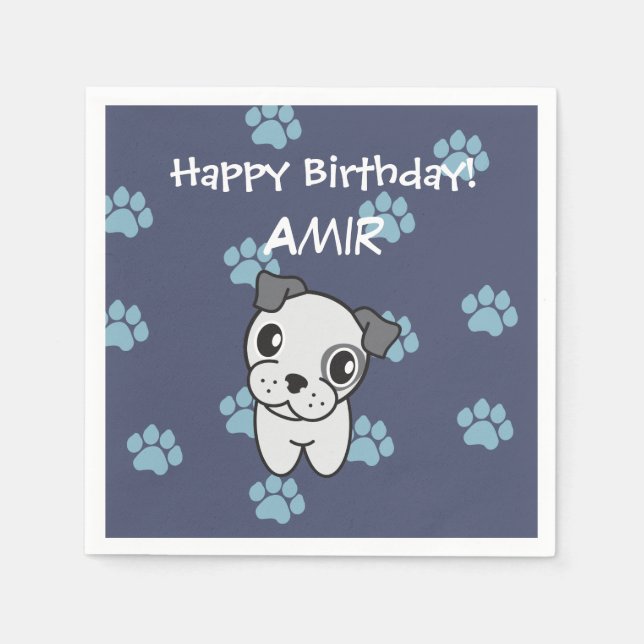Super Cute Grey and Blue Bulldog Birthday Napkin (Front)