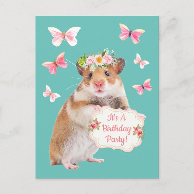 Super Cute Hamster/Mouse Birthday Party Invitation Postcard (Front)