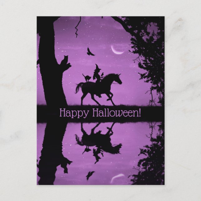 Super Cute Happy Halloween Witch and Unicorn Postc Postcard (Front)