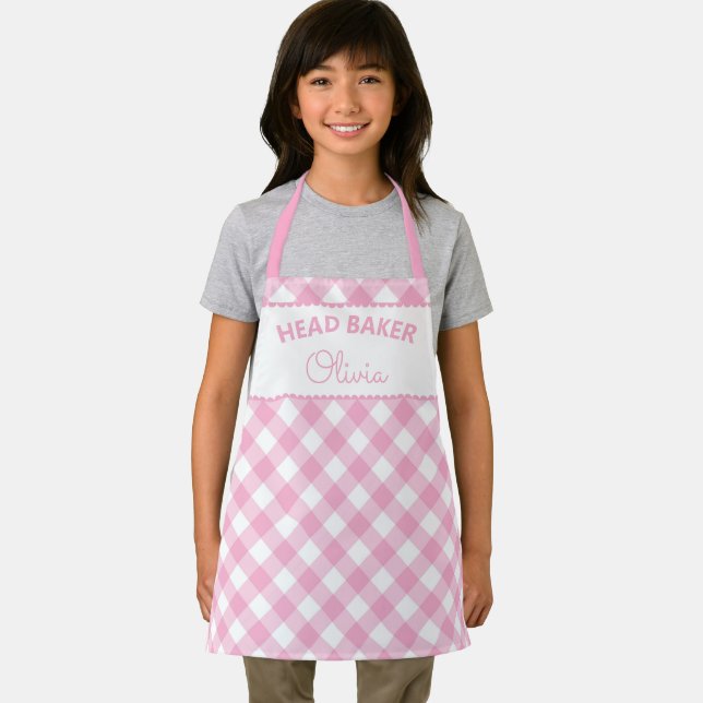 Super Cute Head Baker Pink Gingham Name Apron (Insitu)