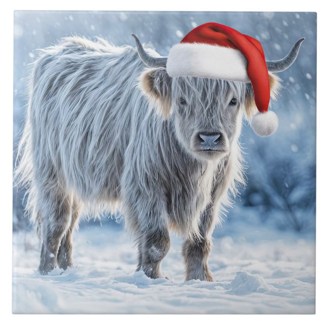 Super Cute Highland Calf Christmas Snow Tile (Front)