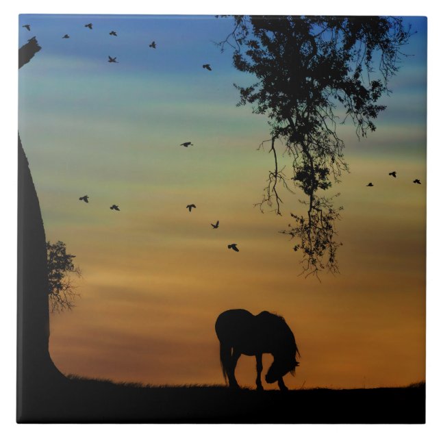 Super Cute Horse and Oak Tree with Birds Tile (Front)