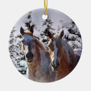 Super Cute Horse Pair in the Snow Christmas Ceramic Tree Decoration