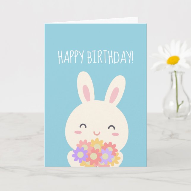 Super Cute Kawaii Bunny & Flowers Happy Birthday Card (Small Plant)