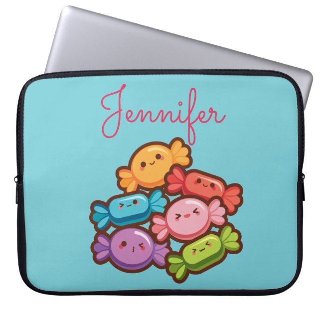 Super cute kawaii rainbow lollipop monogram blue laptop sleeve (Front)