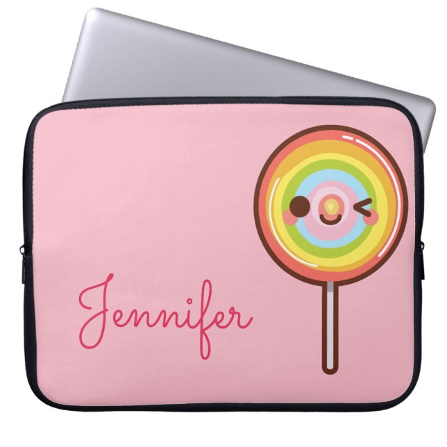 Super cute kawaii rainbow lollipop monogram pink laptop sleeve (Front)