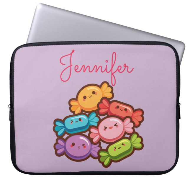 Super cute kawaii rainbow lollipop monogram purple laptop sleeve (Front)