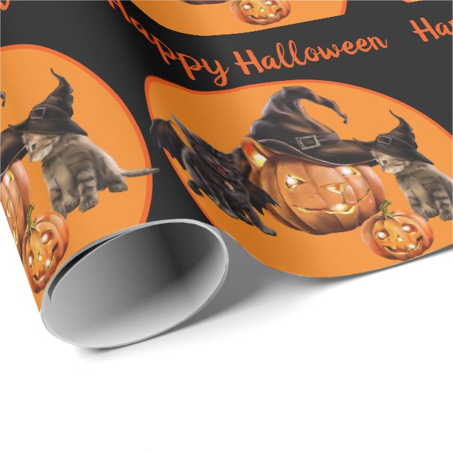 Super Cute Kitty Bat & Witch Halloween Gift Wrapping Paper (Roll Corner)
