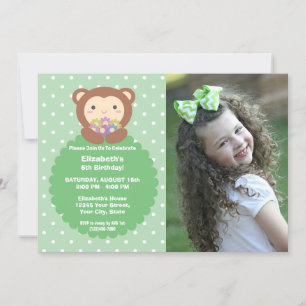 Super Cute Monkey and Flowers Kids Birthday Photo Invitation
