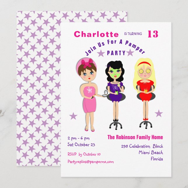 Super Cute Pamper Party Girls  Birthday Invites (Front/Back)