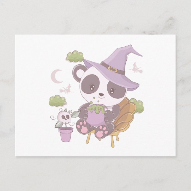 Super Cute Panda Witch and Crescent Moon Halloween Holiday Postcard (Front)