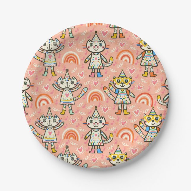 Super cute party kitten girls in happy colours paper plate (Front)