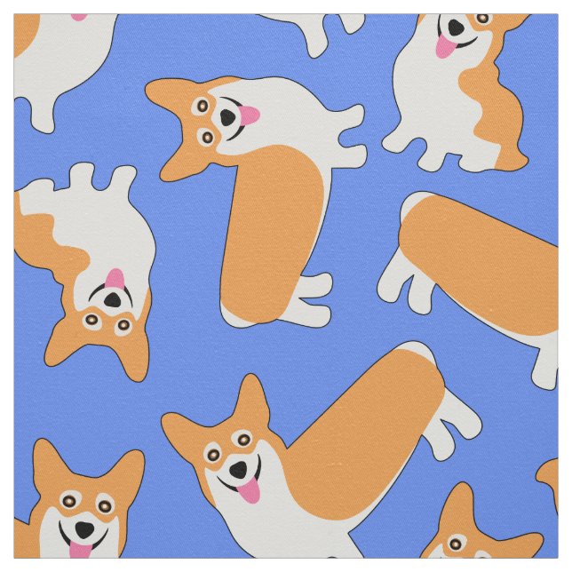 Super Cute Pembroke Welsh Corgi Pattern Blue Fabric (Swatch)