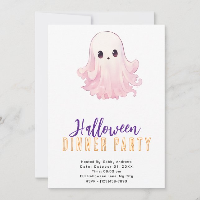 Super Cute Pink Ghost Halloween Dinner Party Invitation (Front)