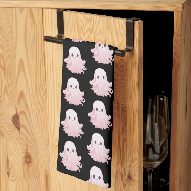 Super Cute Pink Ghost Pattern Halloween Tea Towel (Thirds Fold)