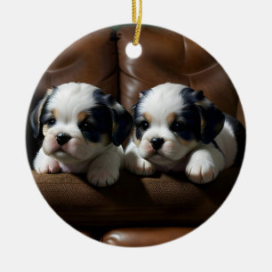 Super Cute Puppies on the Couch 1 Ceramic Tree Decoration