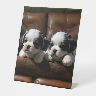 Super Cute Puppies on the Couch 1 Pedestal Sign