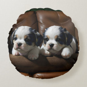 Super Cute Puppies on the Couch 1 Round Cushion