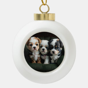 Super Cute Puppies on the Couch 2 Ceramic Ball Christmas Ornament