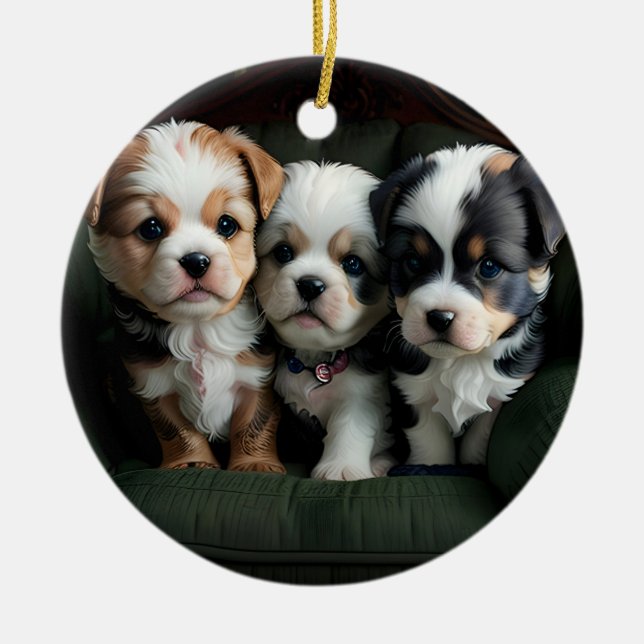 Super Cute Puppies on the Couch 2 Ceramic Tree Decoration (Front)