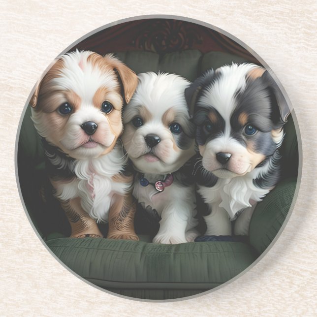 Super Cute Puppies on the Couch 2 Coaster (Front)