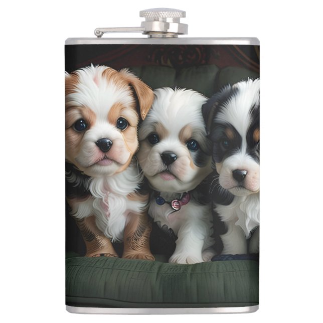 Super Cute Puppies on the Couch 2 Hip Flask (Front)