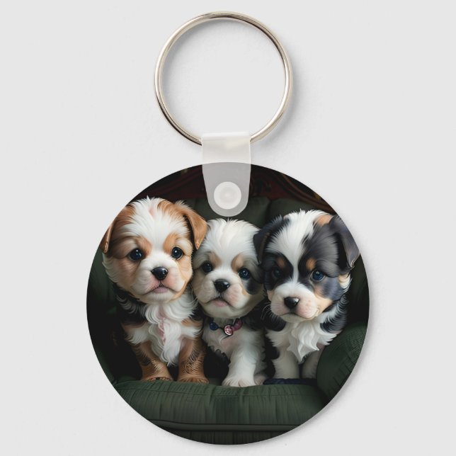 Super Cute Puppies on the Couch 2 Key Ring (Front)
